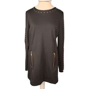 K.Jordan Tunic Golden Touch Women's Mini Dress SZ M Gold Zippers Lined Studs
